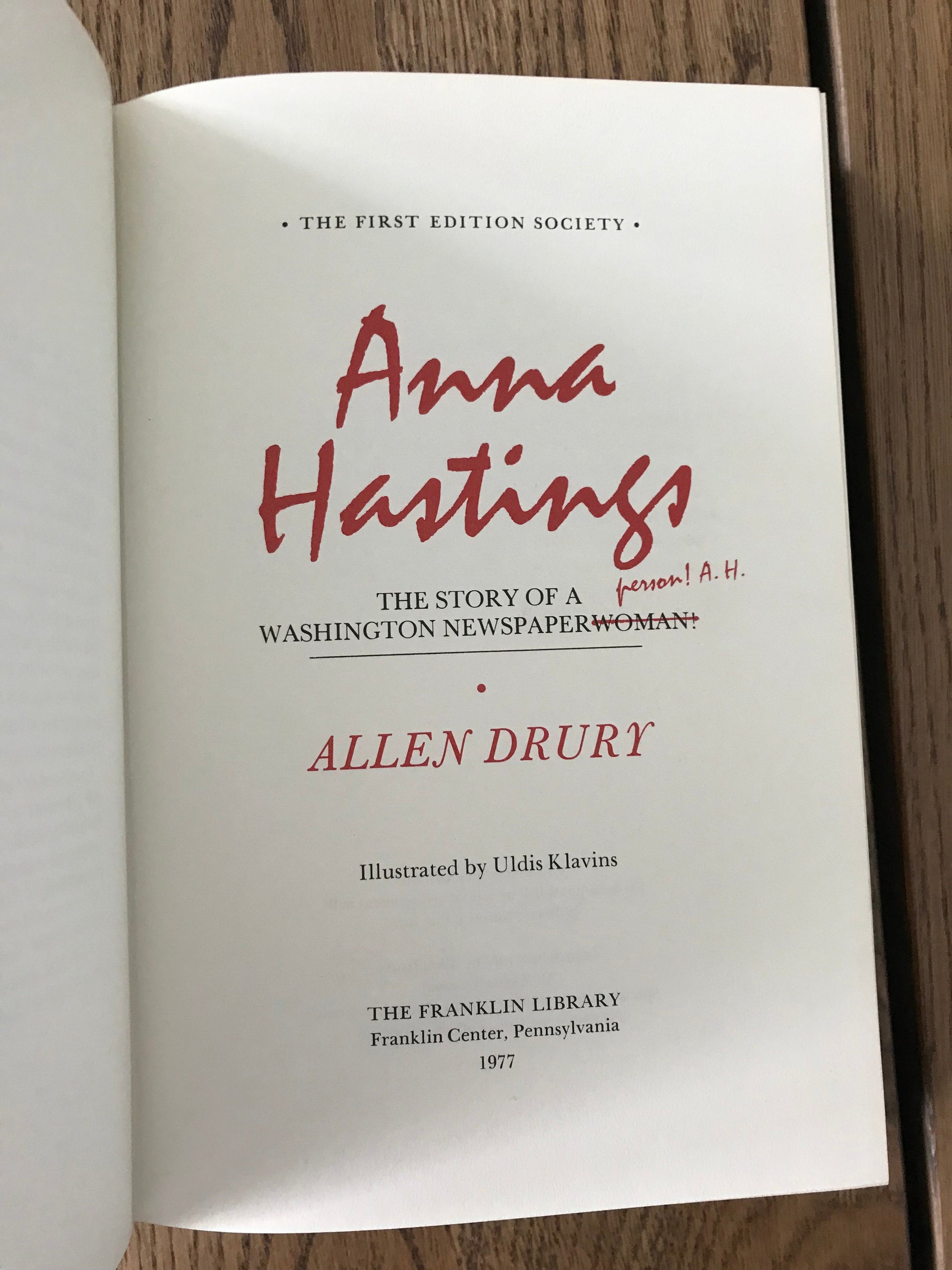 ANNA HASTINGS -  BY ALLEN DRURY (JOURNALISM) BooksCardsNBikes