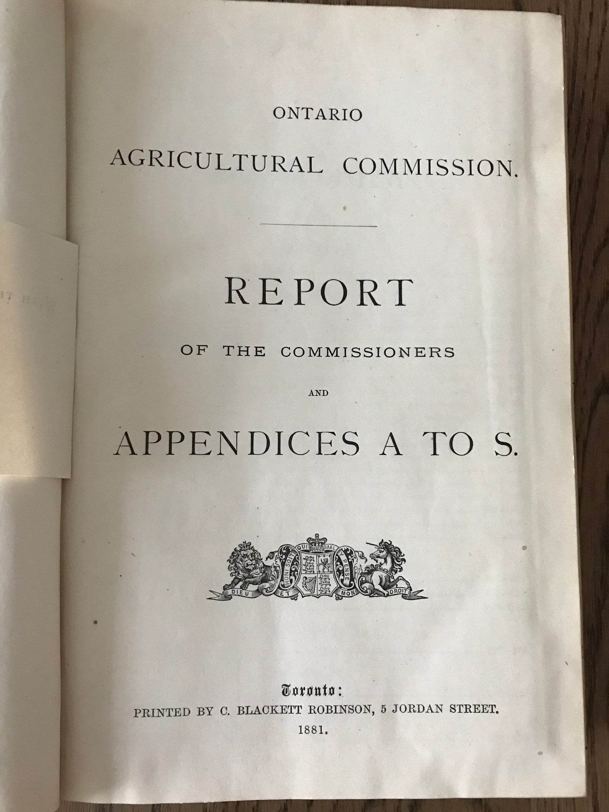 ONTARIO AGRICULTURAL COMMISSION REPORT ... AND APPENDICES .... UNATTRIBUTED BooksCardsNBikes